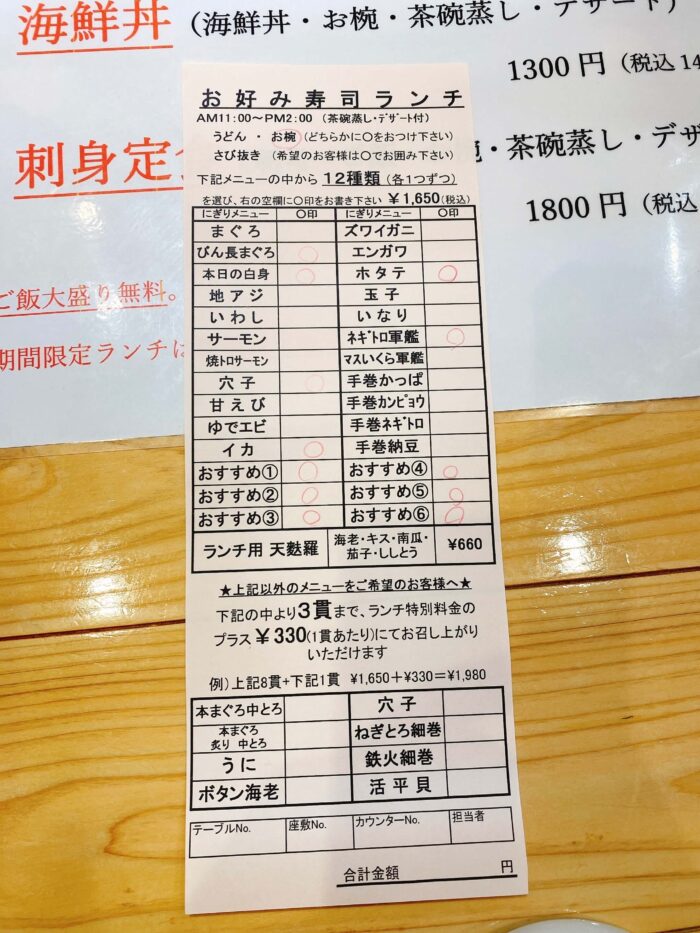 大和市大和東「大乃寿司大和店」お好み寿司ランチ注文表